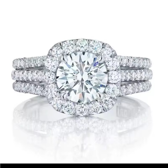 NEW! Silver Diamond Halo Ring 3 Rows Micro Pave NWT - Picture 4 of 7